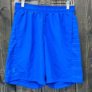 Under Armour Loose Shorts M Blue Striped Logo Athletic Activewear Thin Polyester